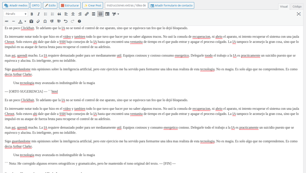 llama3.2 corrigiendo un texto en wordpress
