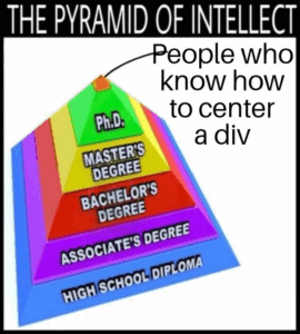 La piramide de la inteligencia. Personas que saben como centrar un div Ph.D. Master Degree Bachelor's Degree Associate's Degree High School Diploma