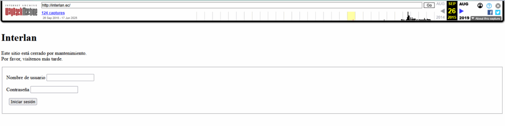 primera captura del sitio interlan.ec en 26 de septiembre del 2015, segun la wayback machine