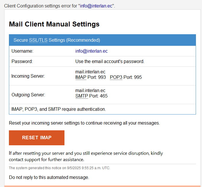 Mensaje de phishing emulando al correo por defecto de configuración de RoundCube