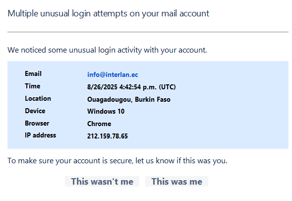 Mensaje de phishing emulando al correo por defecto de configuración de RoundCube (variacion de algun proveedor personalizado de hosting)