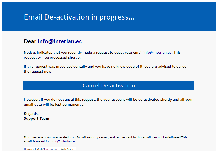 Mensaje de phishing emulando al correo por defecto de configuración de RoundCube (variación cpanel)