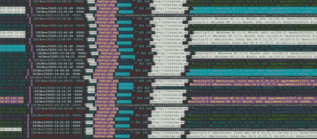 salida lnav filtrada para mostrar solo aataques xmlrpc.php