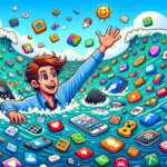 Un oersonaje nadando en un mar cubierto de iconos de aplicaciones