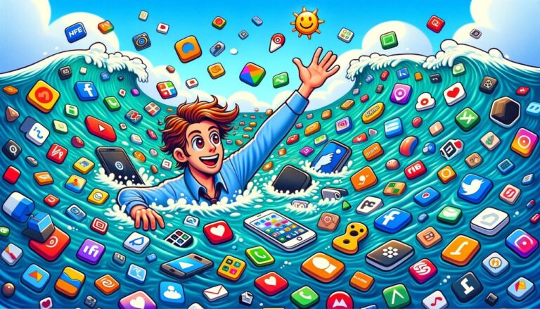 Un oersonaje nadando en un mar cubierto de iconos de aplicaciones