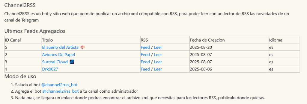 Pagina principal de Channel2RSS