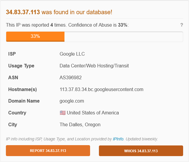 IPAbusedb 34.83.37.113