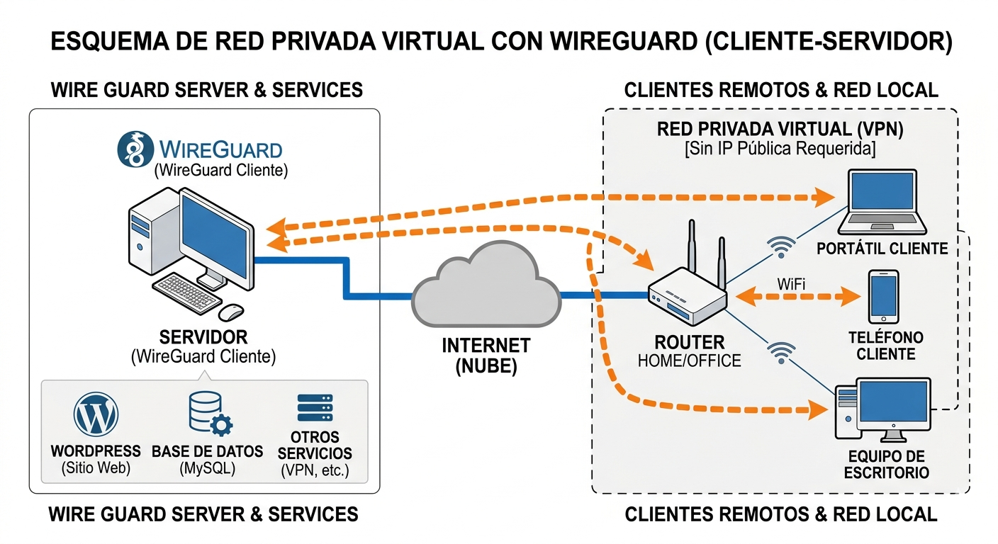 Esquema de conexion a la nube y mediante wireguard, generad por nanobanana 2, con una calidad increible pero con errores cuestionables, ademas de una extraña sensacion de valle inquietante XD