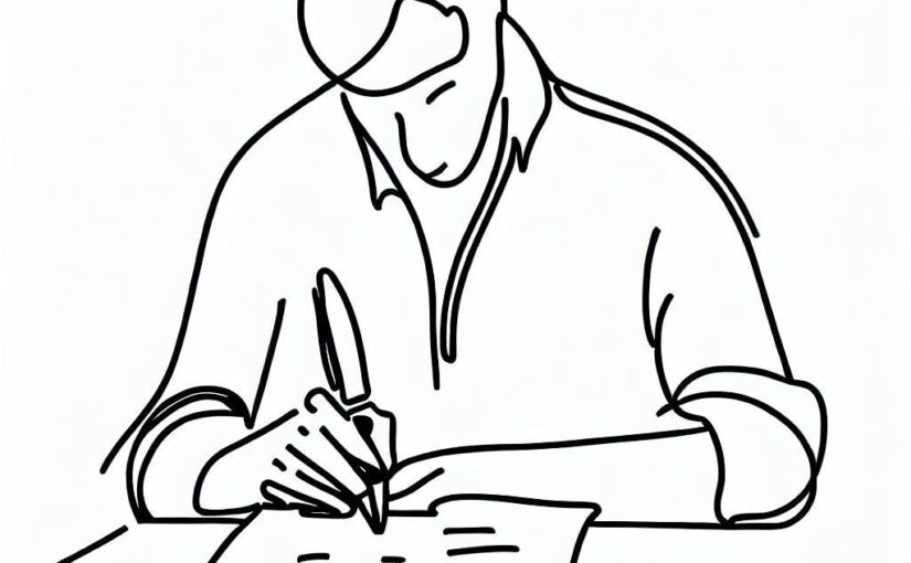 Imagen de un hombre escribiendo sobre un papel con estilo lineart, generado por la inteligencia artificial de bing